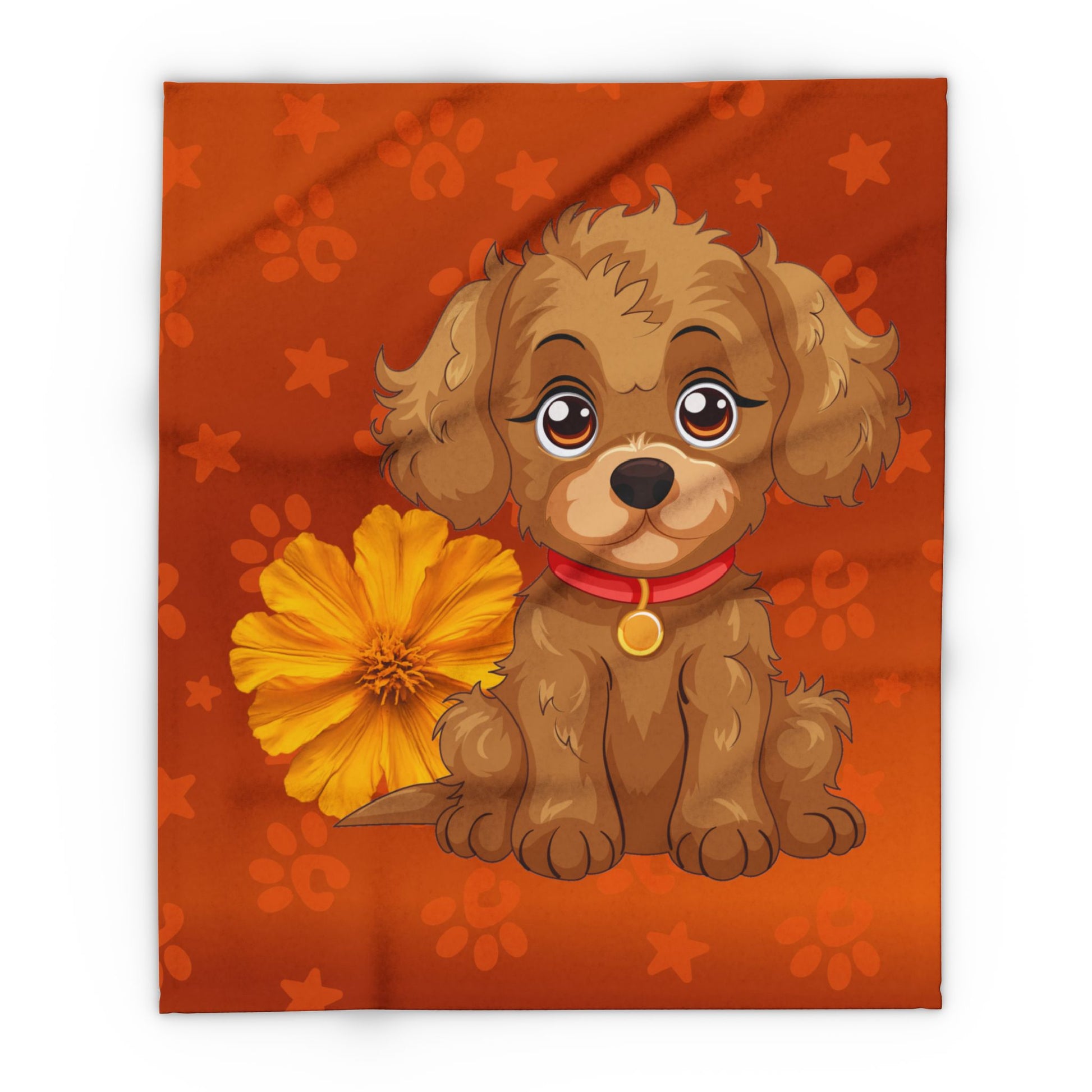Cute Puppy Fleece Blanket — Adorable Brown Dog with Flower Throw by Grace Canvas Shop