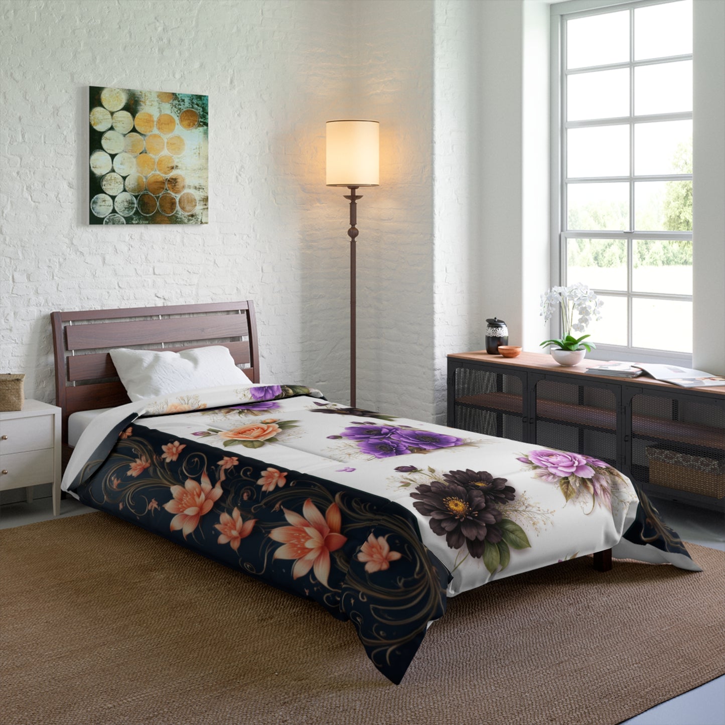 Floral Elegance Comforter — Purple & Peach Vintage Rose Bedding