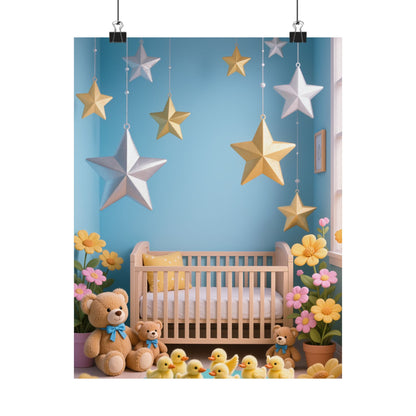 Nursery Star Wall Poster — Cute Crib, Teddy & Hanging Stars Satin Print by Grace Canvas Shop