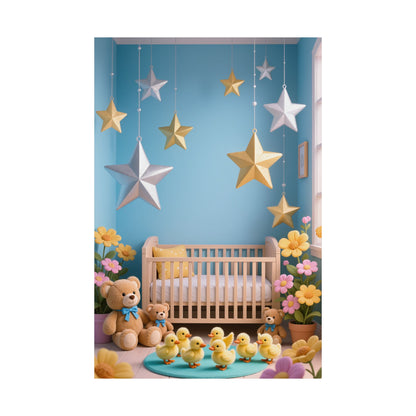 Nursery Star Wall Poster — Cute Crib, Teddy & Hanging Stars Satin Print by Grace Canvas Shop