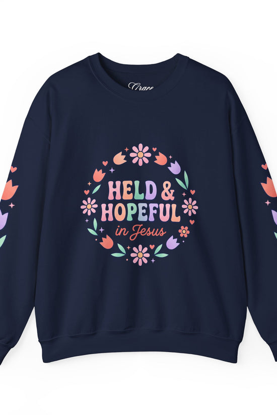 Held & Hopeful in Jesus Sweatshirt | Colorful Pastel Christian Encouragement