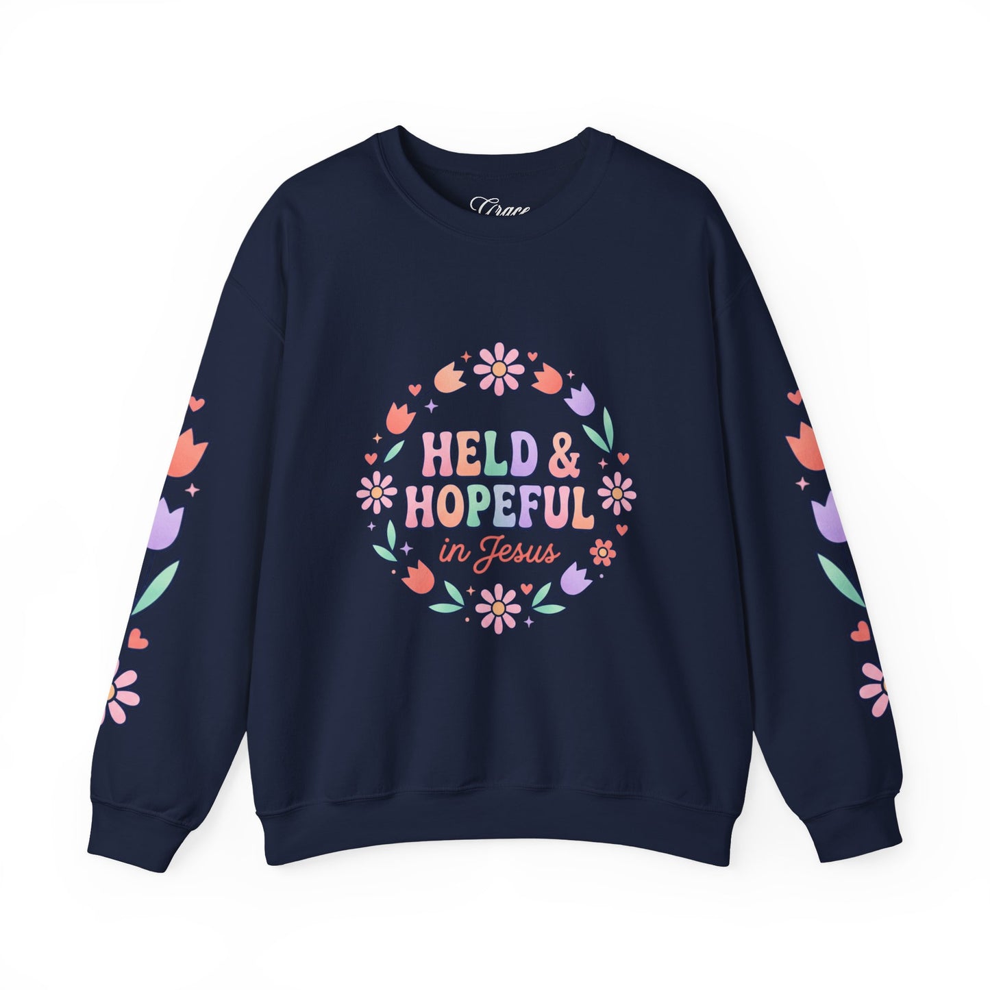 Held & Hopeful in Jesus Sweatshirt | Colorful Pastel Christian Encouragement