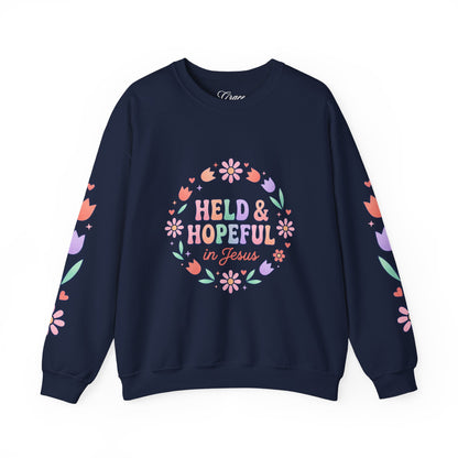 Held & Hopeful in Jesus Sweatshirt | Colorful Pastel Christian Encouragement