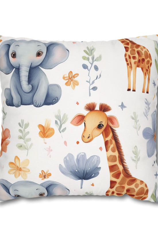 Nursery Animal Throw Pillowcase — Giraffe & Elephant Floral Square Cushion Cover by Grace Canvas Shop