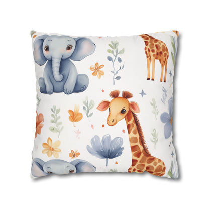 Nursery Animal Throw Pillowcase — Giraffe & Elephant Floral Square Cushion Cover by Grace Canvas Shop
