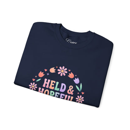 Held & Hopeful in Jesus Sweatshirt | Colorful Pastel Christian Encouragement