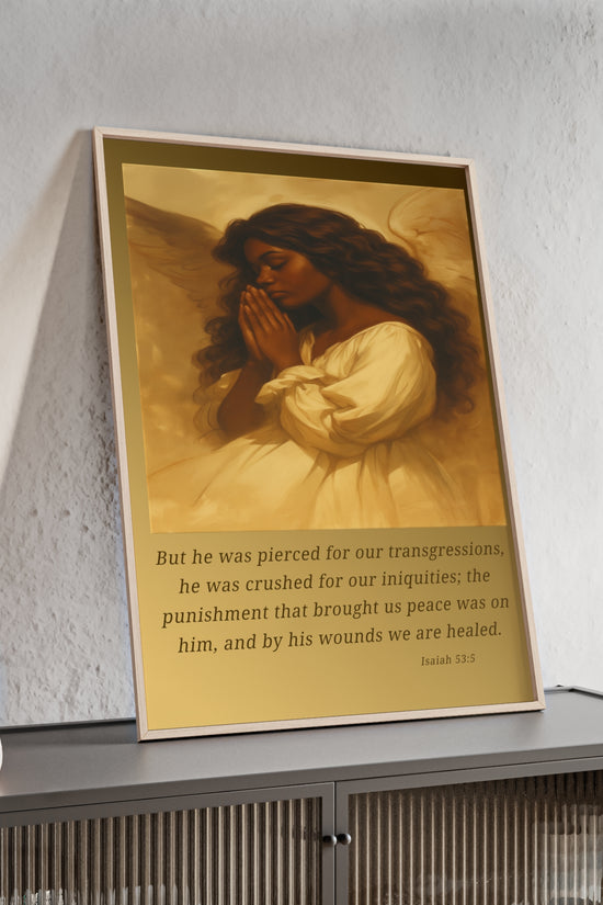Framed Prayer Angel Poster — Isaiah 53:5 Religious Wall Art