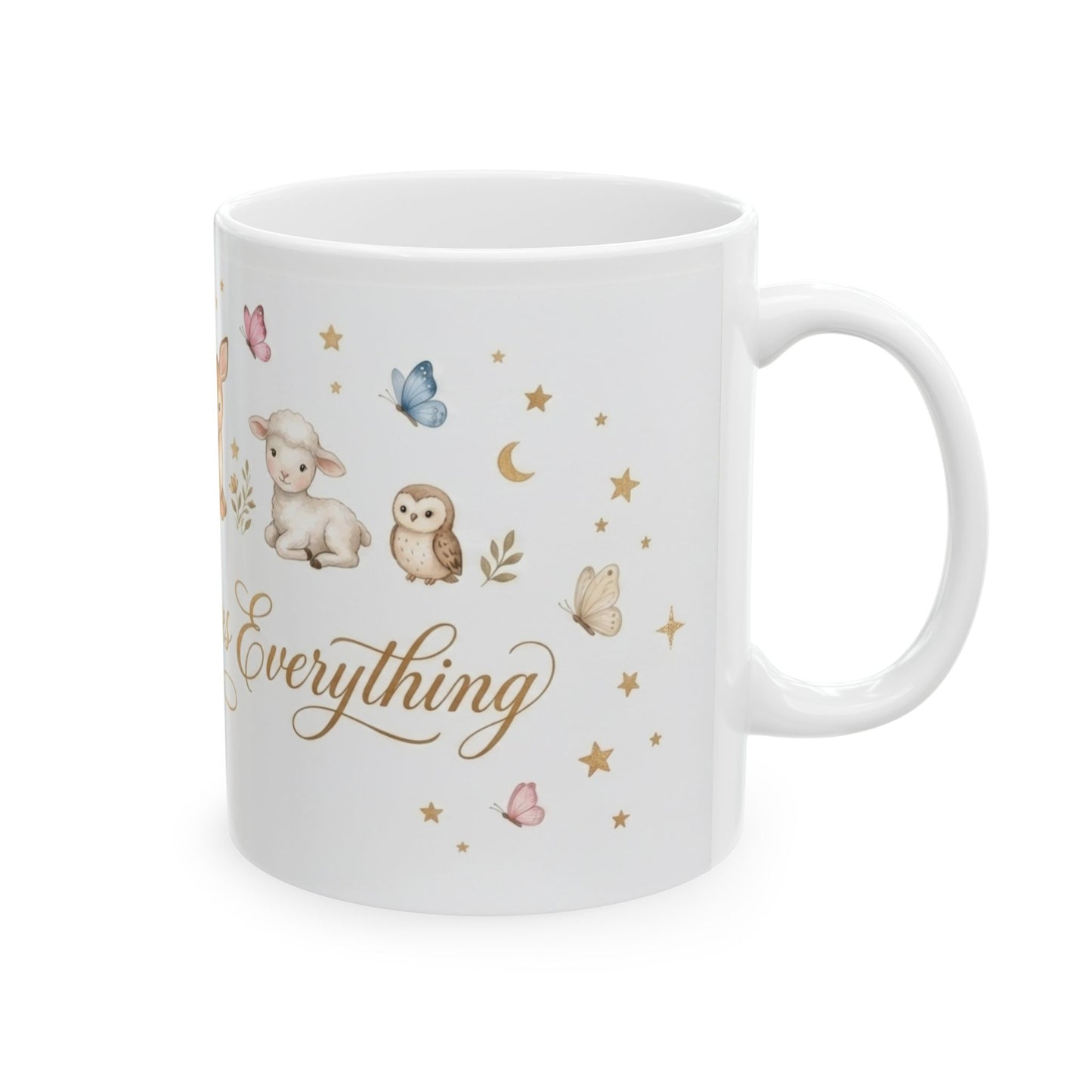 Baby Blessings Ceramic Mug — "Prayer Changes Everything" with Cute Woodland Animals (11oz, 15oz)