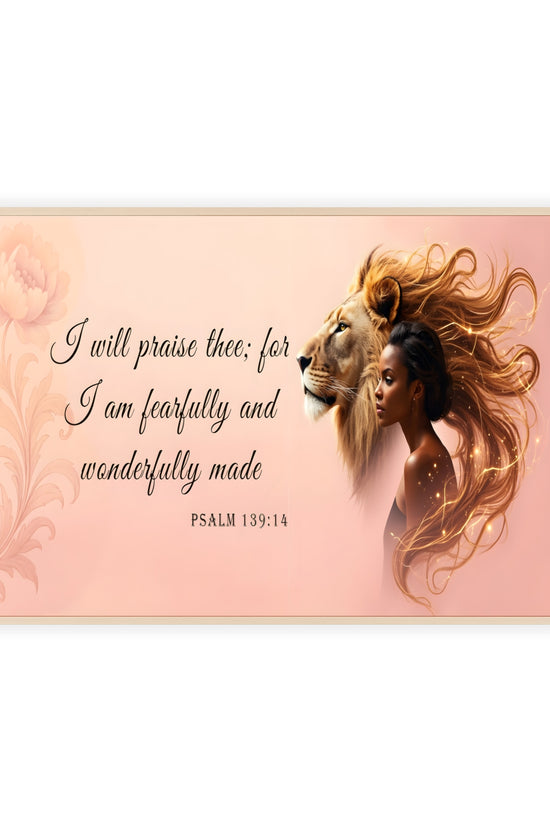 Fearfully & Wonderfully Made Wooden-Framed Poster — Psalm 139:14 Lion & Woman Wall Art