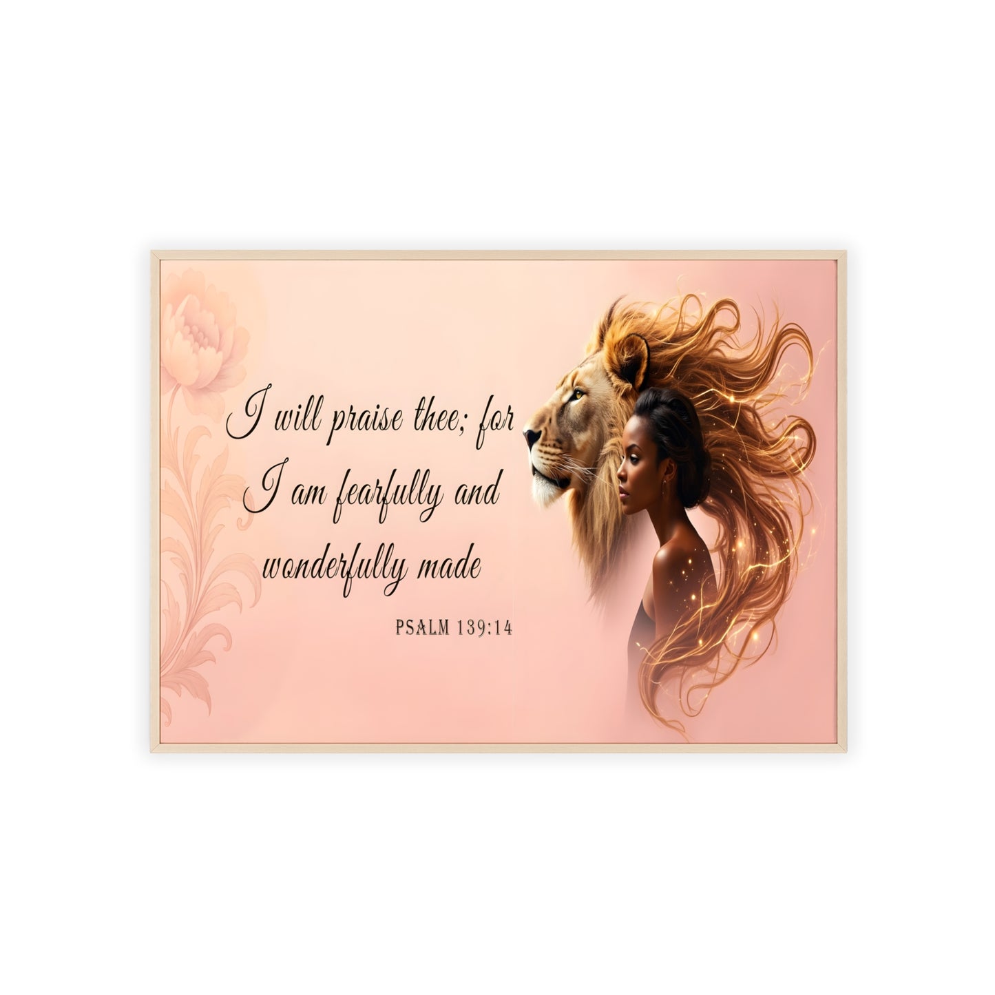 Fearfully & Wonderfully Made Wooden-Framed Poster — Psalm 139:14 Lion & Woman Wall Art