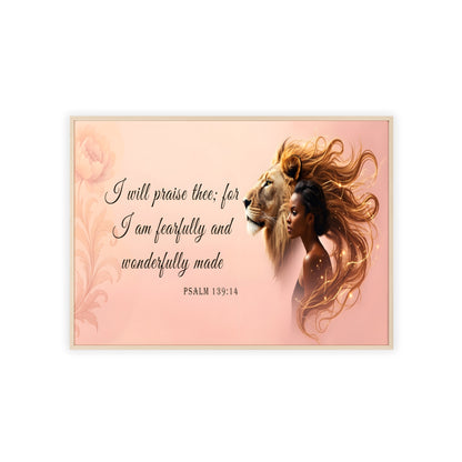 Fearfully & Wonderfully Made Wooden-Framed Poster — Psalm 139:14 Lion & Woman Wall Art