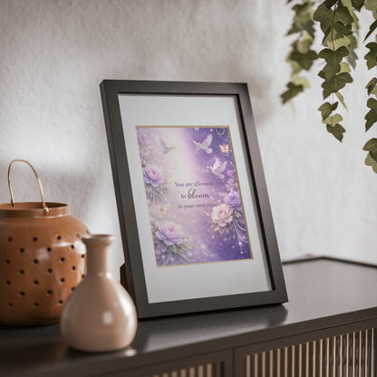 Inspirational Floral Framed Poster — "You Are Allowed to Bloom in Your Own Time" (Black Frame)