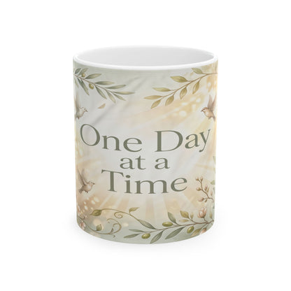One Day at a Time Ceramic Mug — Inspirational Floral Coffee Cup (11oz, 15oz)