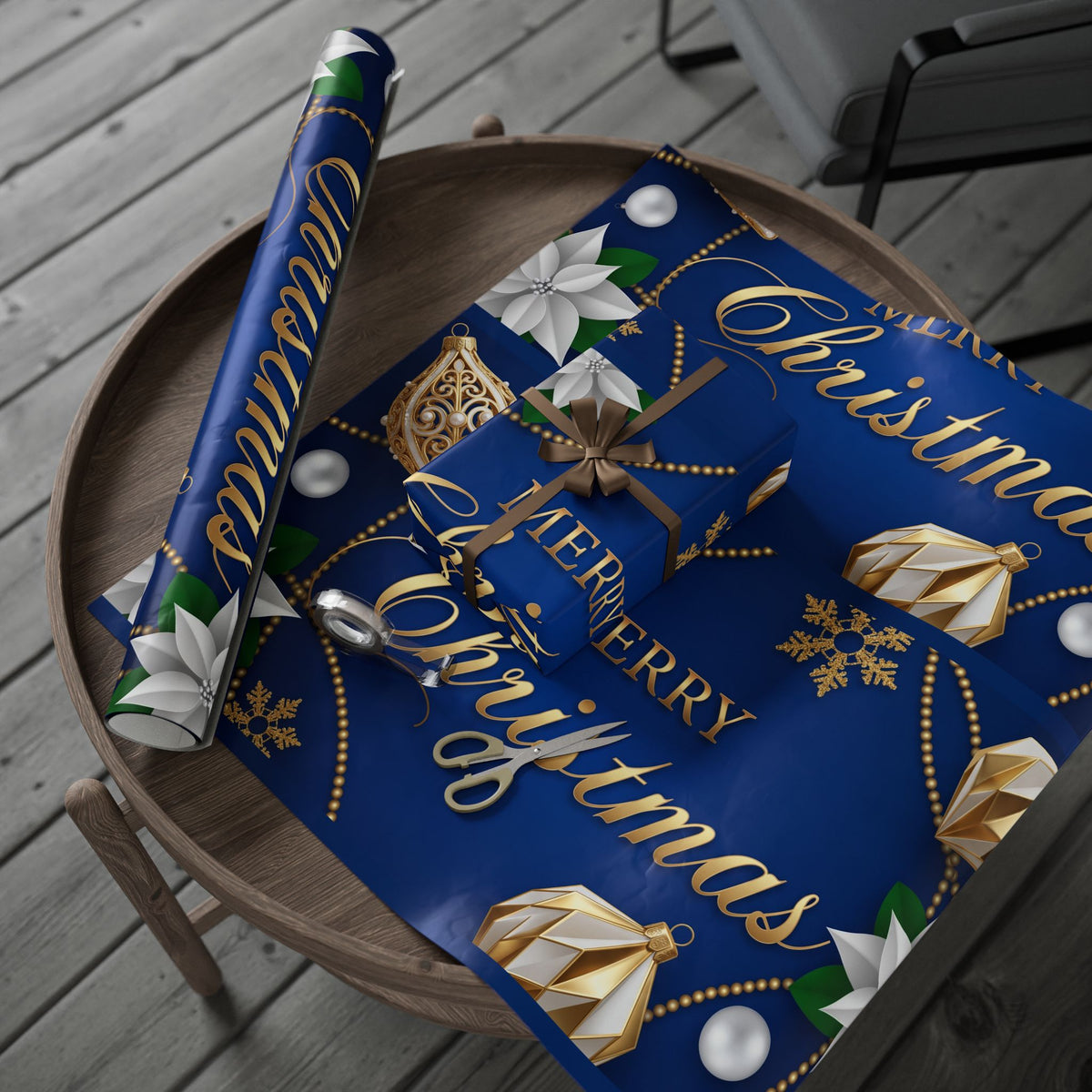 Merry Christmas Blue & Gold Wrapping Paper — Elegant Holiday Gift Wrap