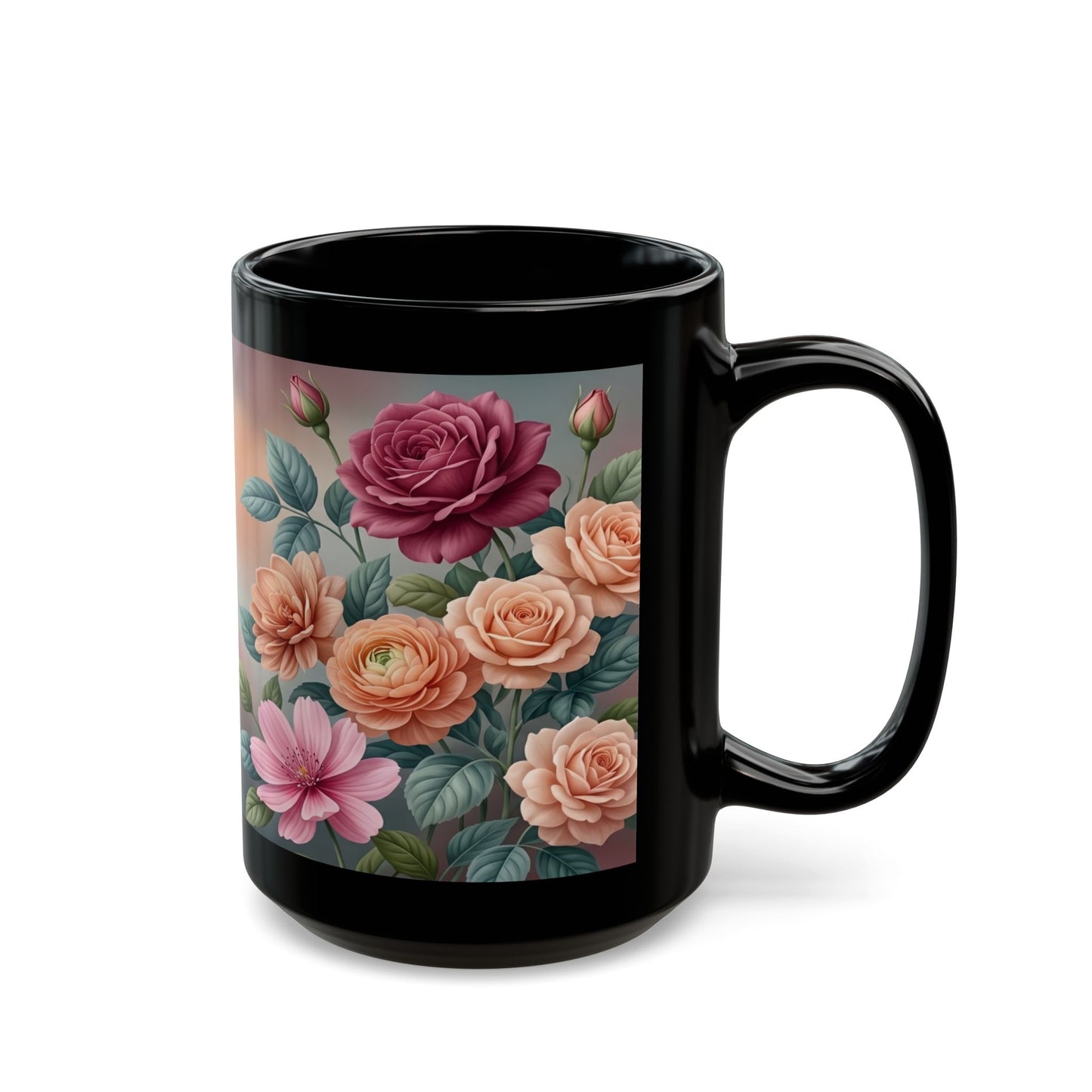 Floral Vintage Roses Black Coffee Mug (11oz/15oz)