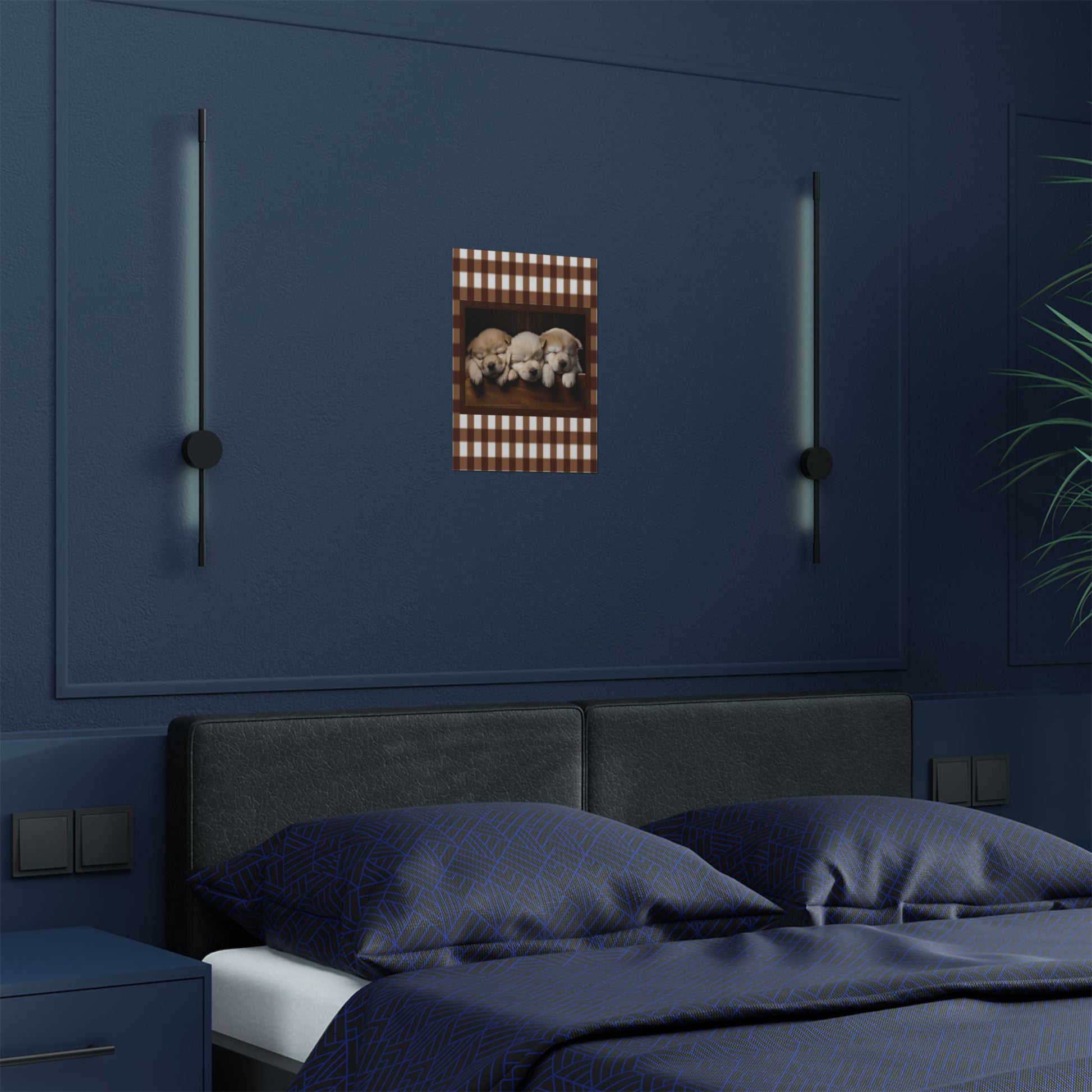 Sleeping Puppies Satin Poster — Cute Puppy Wall Art with Brown Gingham Border by Grace Canvas Shop