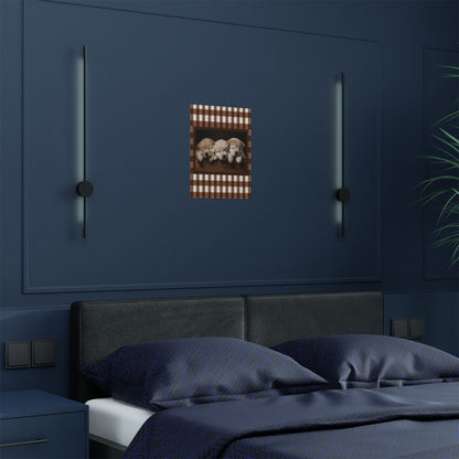 Sleeping Puppies Satin Poster — Cute Puppy Wall Art with Brown Gingham Border by Grace Canvas Shop