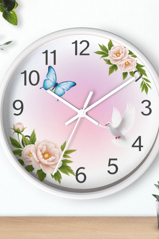 Wall Clock — Pastel Floral Clock with Dove & Blue Butterfly by Grace Canvas Shop
