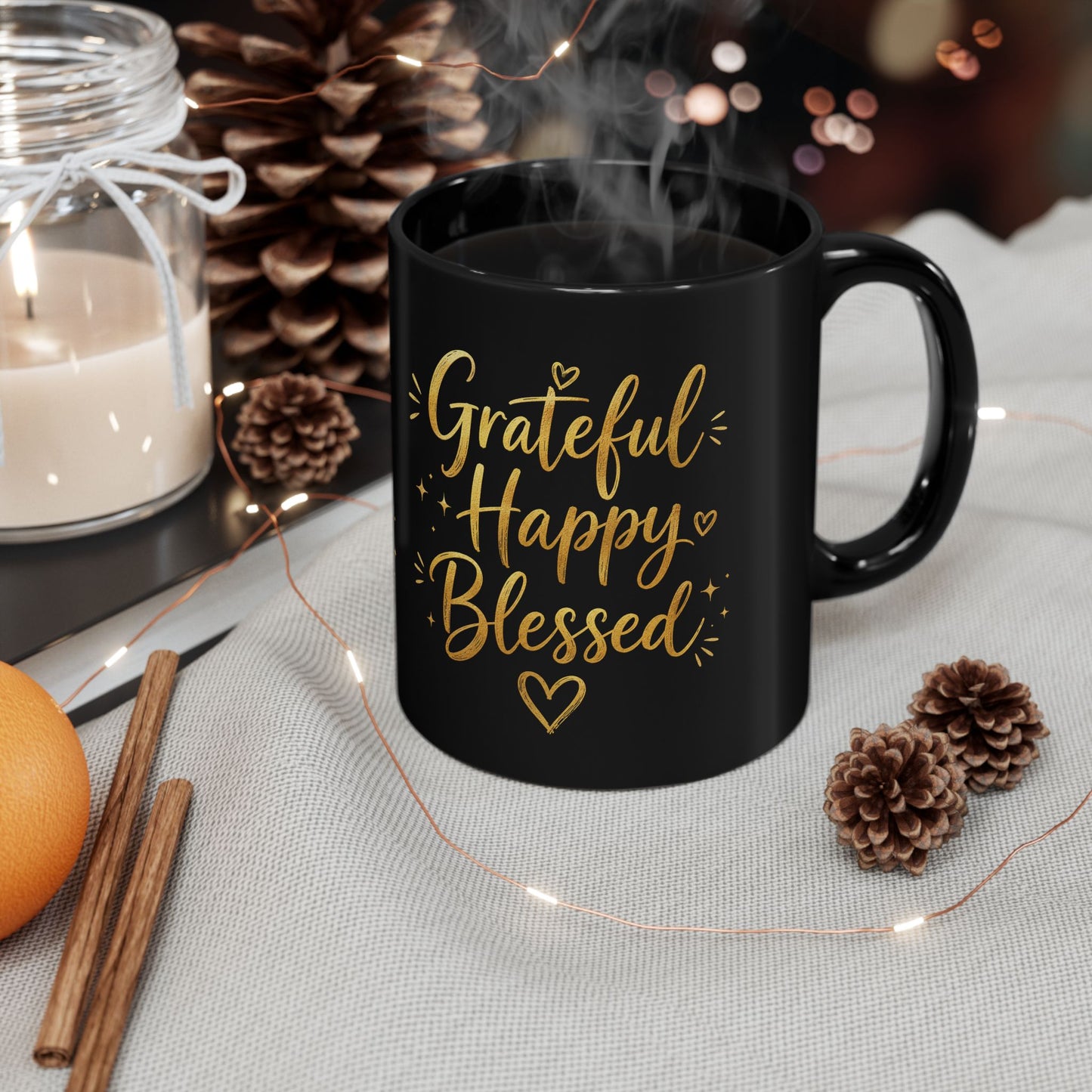 Grateful Happy Blessed Black Mug — 11oz/15oz Inspirational Coffee Cup