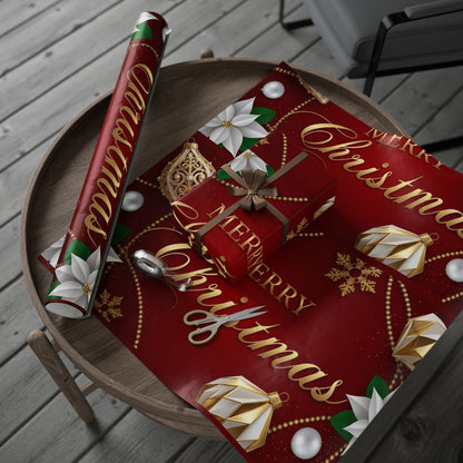 Merry Christmas Red & Gold Wrapping Paper – Festive Poinsettia Ornament Gift Wrap