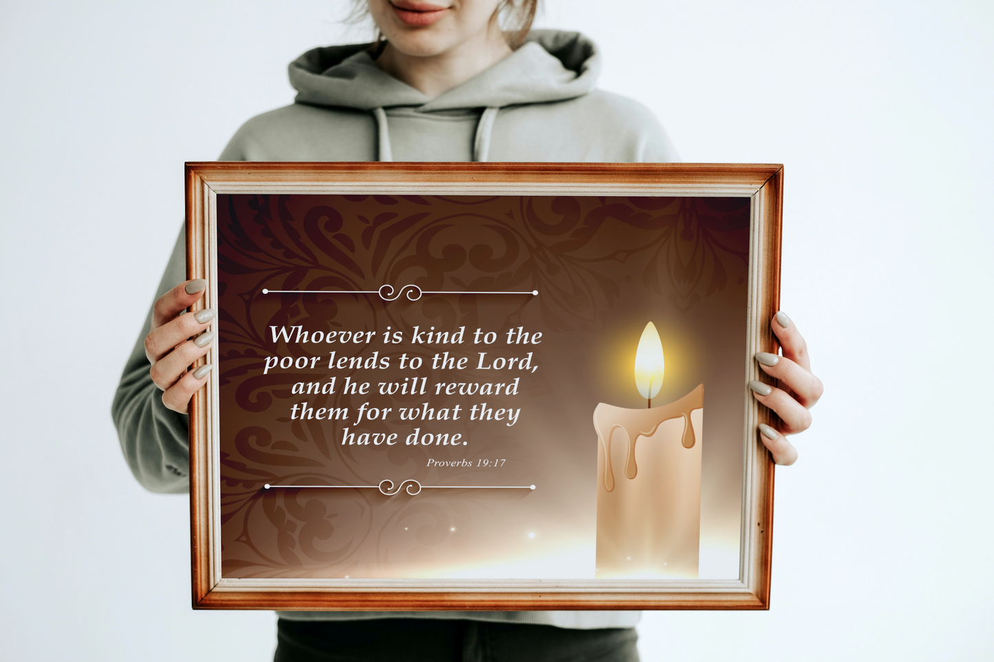 Proverbs 19:17 Candle Inspirational Scripture Print by Grace Canvas Shop