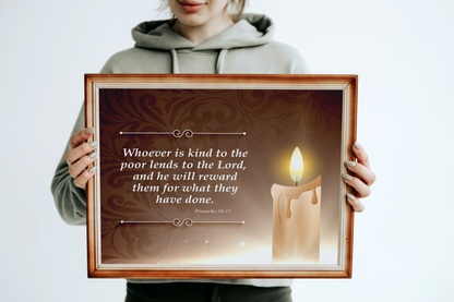 Proverbs 19:17 Candle Inspirational Scripture Print by Grace Canvas Shop