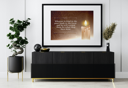 Proverbs 19:17 Candle Inspirational Scripture Print by Grace Canvas Shop